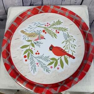Vintage Hallmark 12" Round Metal Tray w/ Cardinals and Holly Berries Christmas